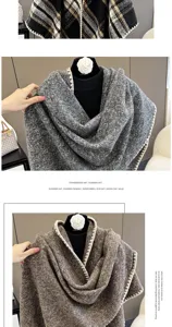 Fashion women's autumn winter triangular shawl scarf, elegant knitted warm wrap with brooch.