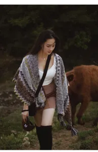 Ethnic style knitted shawl cloak women vintage pattern fringe outerwear poncho scarf outdoor