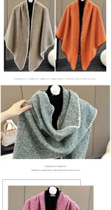 Detail view of the knitted triangular shawl with delicate contrast stitching, soft autumn texture.
