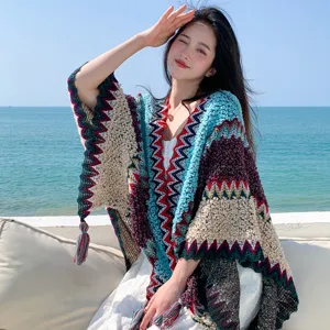 Women's Ethnic Style Knitted Shawl Cape Bohemian Geometric Wave Pattern Tassel Open Front Poncho Outerwear