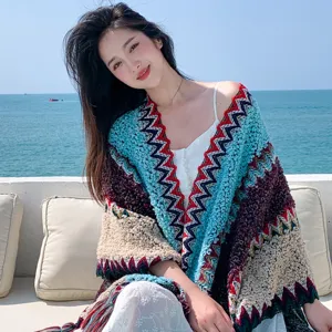 Ethnic style women's knitted shawl blue wave pattern cape for travel outdoor daily wear