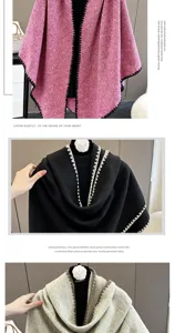 Women fashion knit triangle scarf autumn winter warm solid color cape with chic lace trim.
