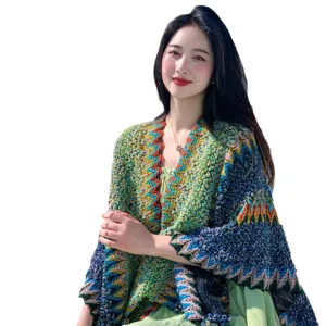 Ethnic style women knitted cape shawl colorful wave pattern travel outer wear casual poncho