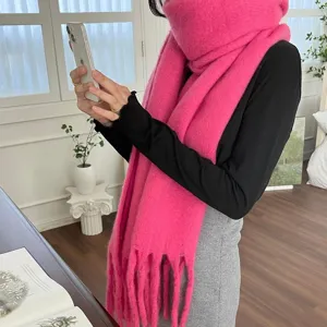 Women Winter Thickened Mohair Scarf Solid Color Tassel Warm Long Neck Scarf Casual Fashion Cold Weather Neckwear
