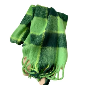 Green plaid winter scarf for women, cozy fluffy warm fringe tartan neckerchief outdoor wear.