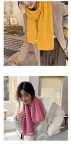 Detailed view of the Korean style solid color knit scarf, warm winter neck warmer for women.