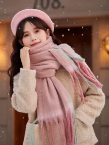 Cozy winter fluffy gradient scarf detail, thick soft warm knit shawl for women seasonal style