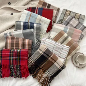 Autumn winter plaid imitation cashmere scarf tassel shawl, multi-color warm winter neck wear.