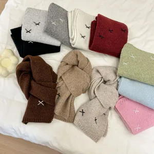 Cozy wool blend knit scarf detail view, thick warm winter neck wrap in various cute solid colors.