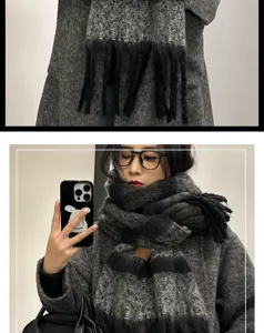 Detailed view of a winter thick warm mohair plaid scarf with stylish fringe for women.