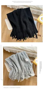 Cozy winter knit scarf with long fringes, soft solid color thick warm winter neck warmer.