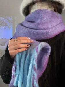 Cozy gradient purple fluffy winter scarf with soft texture and stylish fringe details.