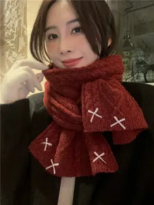 Winter knitted scarf for women, thick warm woolen neck warmer with cute white bow embroidery.