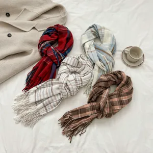 Autumn winter plaid imitation cashmere scarf tassel sweet soft warm neckerchief shawl for student