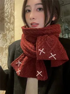 Cozy winter thick knit wool scarf featuring cute ribbon bow details for women daily warmth.