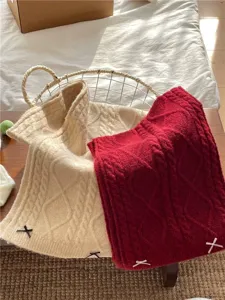 Cute bow knitted winter scarf thick warm neck warmer for women sweet style soft white red
