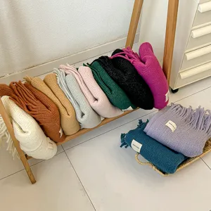 Winter knitted scarf for women, solid color long fringe soft thick warm wool neck wrap cozy