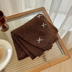 Brown wool knit winter scarf with cute white bow details, warm and cozy Korean style muffler.