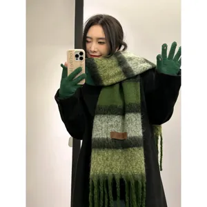 Green mohair winter scarf and gloves set, thick warm knitted fashion neck warmer for women.
