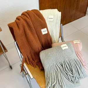 Winter thick knitted scarf with long fringe, solid color soft cozy warm neckerchief for women.