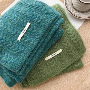 Avocado green knitted cable scarf for women, thick warm winter woolen neck warmer.