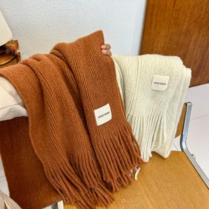 Cozy winter knit scarf with long tassels, solid color soft warm woolen neck wrap.