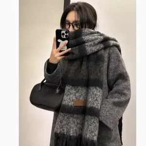 Thickened winter mohair plaid scarf for women, warm soft korean style casual tassel neck wrap.