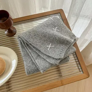 Grey wool blend knitted winter scarf with cute white ribbon embroidery, cozy korean style warm neck