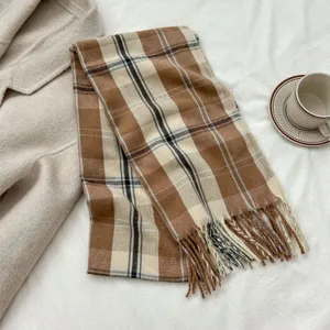 Cozy brown plaid winter scarf with fringe, soft imitation cashmere fashion neck warmer shawl for women.