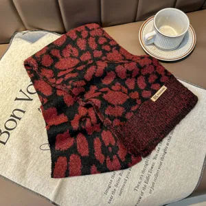 Donna rosso nero stampa leopardo sciarpa lavorata a maglia inverno calda moda scaldacollo