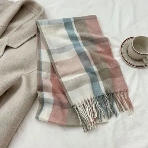 Autumn winter cozy imitation cashmere plaid scarf detail, sweet tassel fringe design, soft texture.