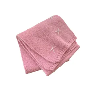 Pink wool blend knit scarf with cute white bow embroidery, warm and cozy winter neck warmer.