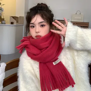 Solid color tassel soft plush knitted scarf and white sweater for women winter warm