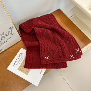 Cozy dark red cable knit winter scarf with white cross embroidery stylish warm neck wrap.