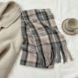Autumn winter cozy plaid tassel scarf classic grey beige retro neckerchief stylish warm shawl
