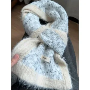 Korean style fuzzy knit winter scarf detail, soft color block neck warmer texture closeup.