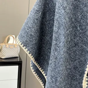Blue-grey knitted triangular shawl for women, autumn and winter warm cozy solid color scarf.