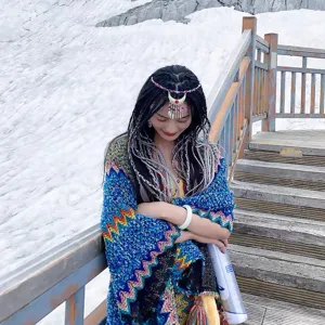 Boho knit cape for women, ethnic tribal geometric pattern winter shawl poncho outdoor travel.
