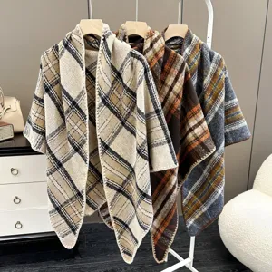 Women plaid cape shawl autumn winter warm fashion casual outdoor stylish elegant plaid wrap scarf
