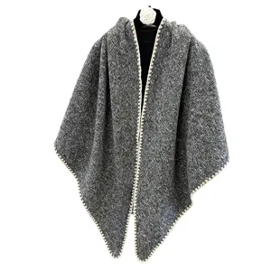 Grey tweed triangle shawl with white stitch trim, elegant fashion cape scarf for women outdoor.