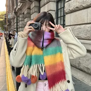Women autumn winter rainbow mohair tassel pompon scarf long thick warm neck warmer outdoor