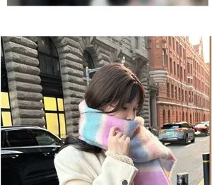 Colorful rainbow mohair winter warm long scarf for women, thick cozy striped neck wrap.