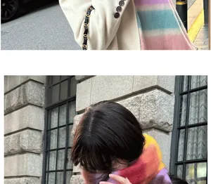 Colorful mohair winter scarf for women, long warm rainbow striped knitted neck warmer.