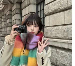 Colorful rainbow mohair scarf for women, oversized thick winter warm tassel neck warmer fashion.