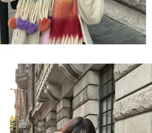 Colorful rainbow mohair fringe scarf for women, cozy winter warm long tassel pom-pom neckerchief.