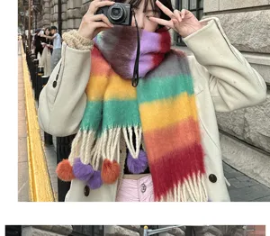 Colorful mohair knit winter scarf with fringes and pom poms for women warm fashion neck wrap