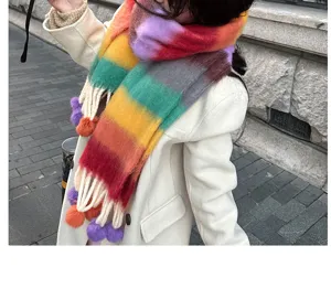 Rainbow mohair scarf detail, colorful striped winter neck warmer with tassels pom-poms