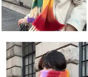 Rainbow mohair scarf with tassels and pom-poms, cozy oversized winter warm neck warmer.