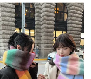 Colorful mohair winter scarf for women, cozy oversized rainbow striped warm fashion neck wrap.