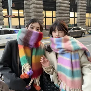 Women Winter Warm Colorblocked Striped Tassel Pom Pom Scarf Fashion Long Thickened Neck Wrap Cold Weather Outdoor Accessories